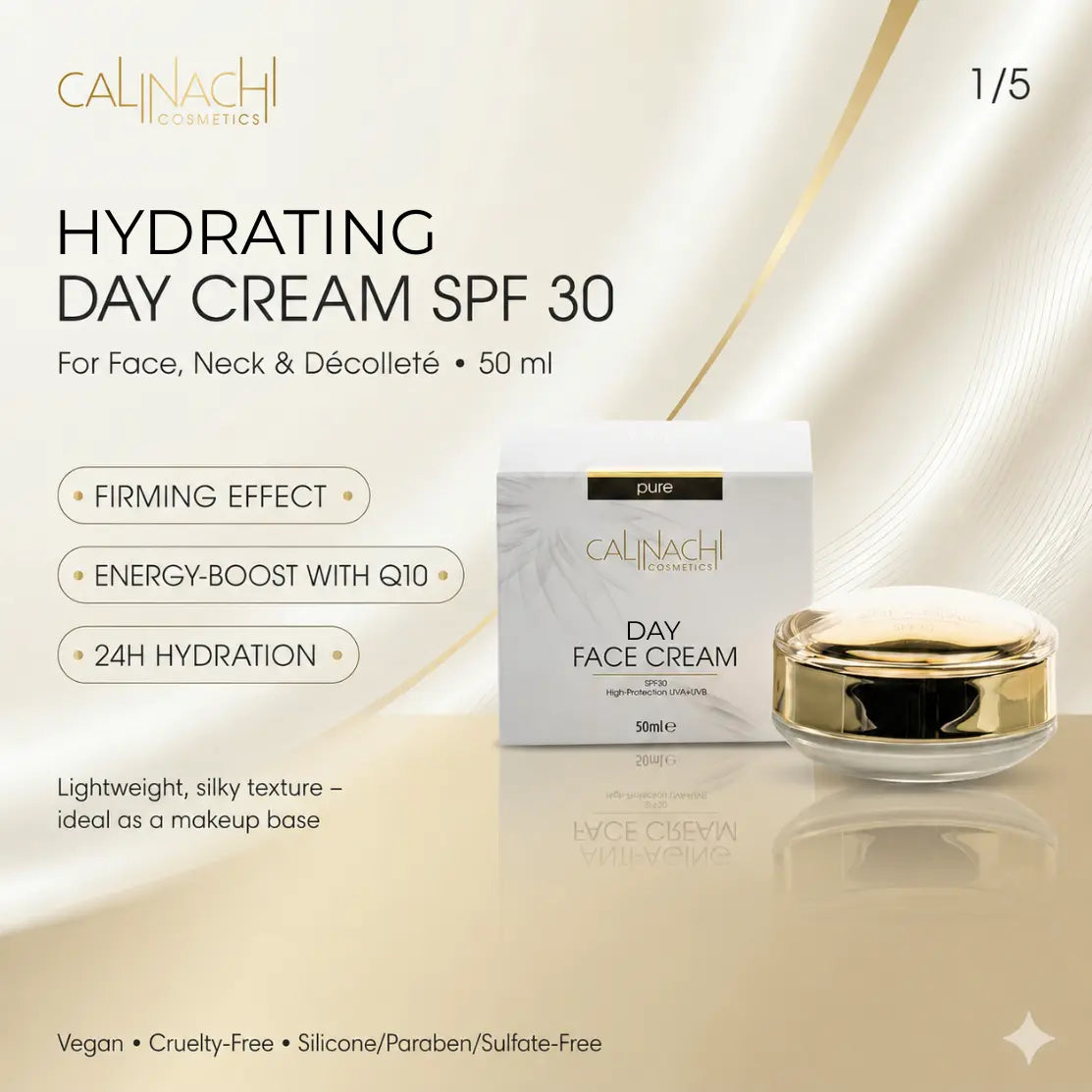 Hydrating Day Cream for Face, Neck, and Décolletage, SPF30, 50ml. skincare CALINACHI Cosmetics